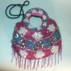 Very cute pink white and blue floral beaded purse